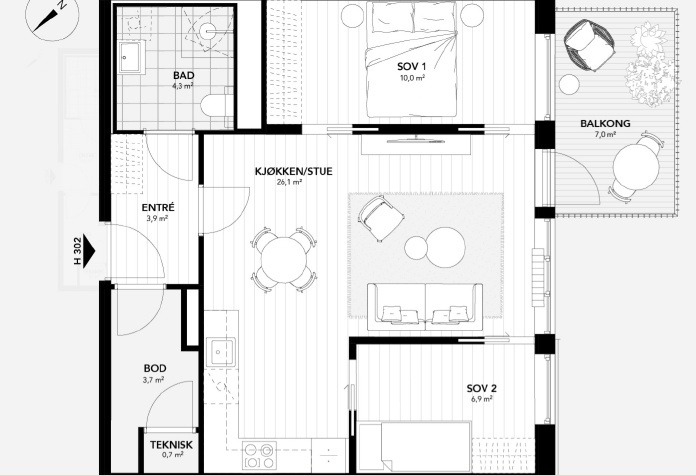 Planskisse. I tillegg har man bod i kjeller på 5 m2.